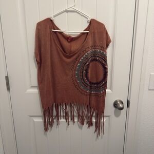Bongo Women's Burnt Orange Aztec Design Fringe Shirt Size XL